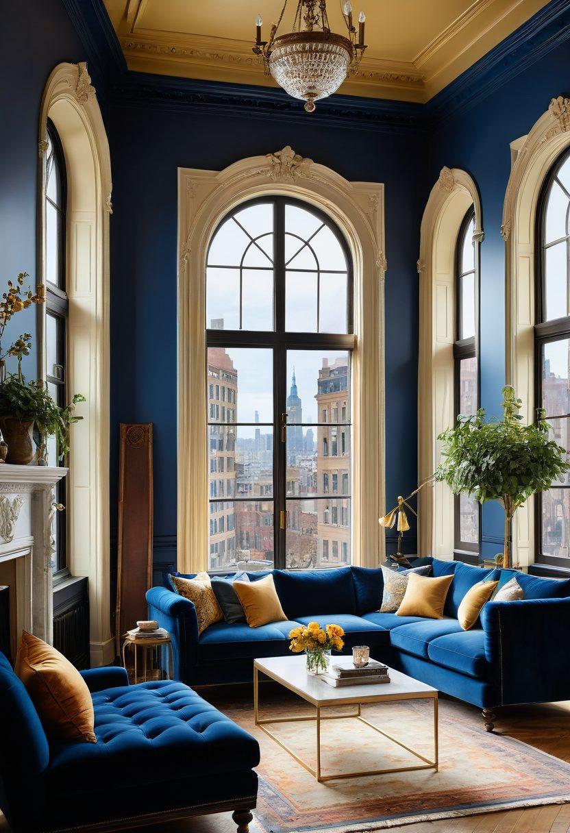 A cozy urban living room that beautifully blends Georgian architectural elements, such as ornate moldings and vintage furniture, with modern decor. Large windows showcase a city skyline outside, while warm textiles and greenery add a touch of home. The color palette features deep blues and rich golds, evoking a sense of heritage. The atmosphere is inviting and stylish, reflecting the seamless integration of old-world charm and contemporary aesthetics. super-realistic. vibrant colors. cozy ambiance.
