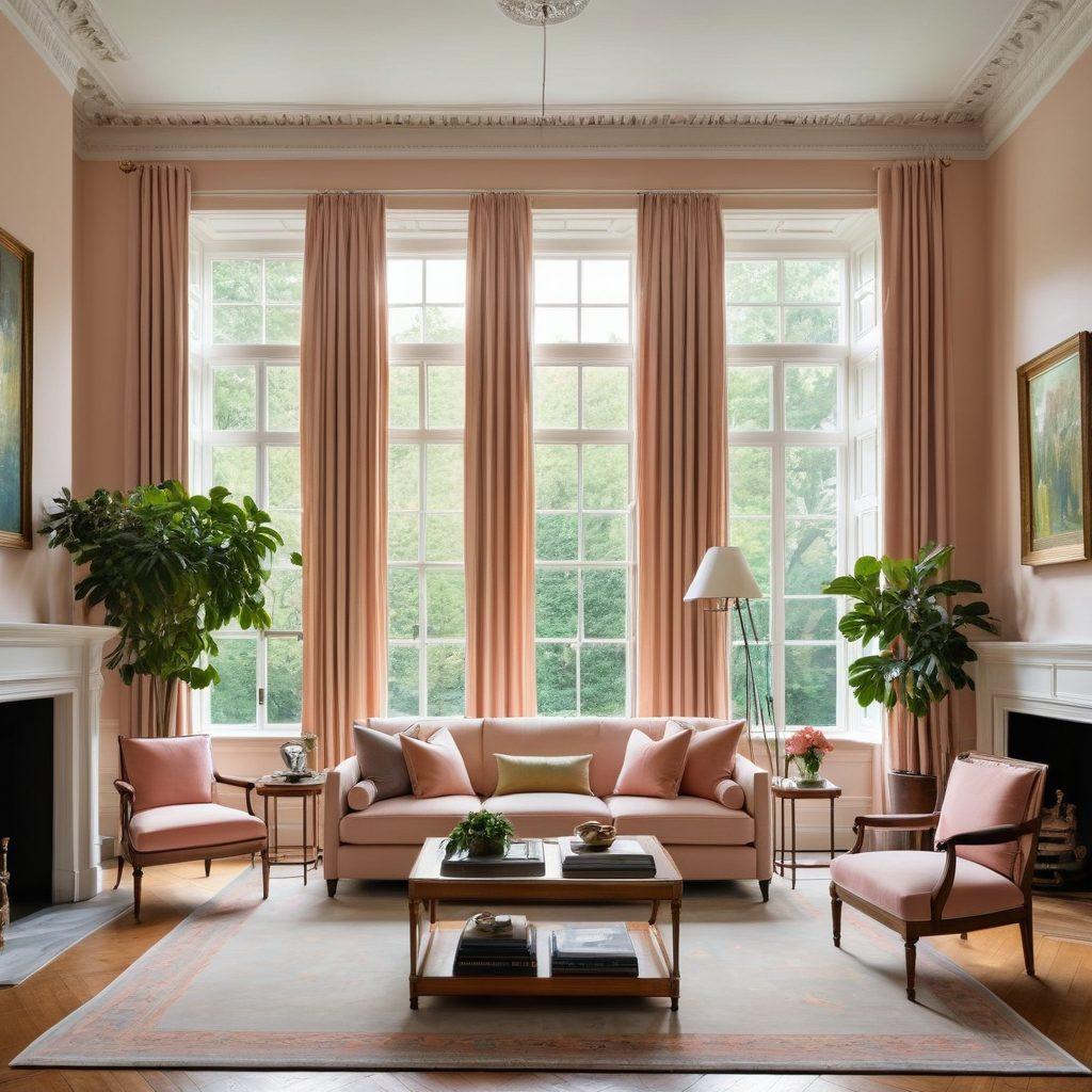 A beautifully designed living room that melds classic Georgian architectural elements, such as tall windows and intricate moldings, with sleek contemporary furnishings and minimalist decor. The space features a harmonious color palette of muted pastels and rich woods, accented by modern art pieces and lush greenery. Soft natural light floods the room, highlighting both the historical and modern details in perfect balance. vintage vibes mixed with modern flair. super-realistic. vibrant colors.