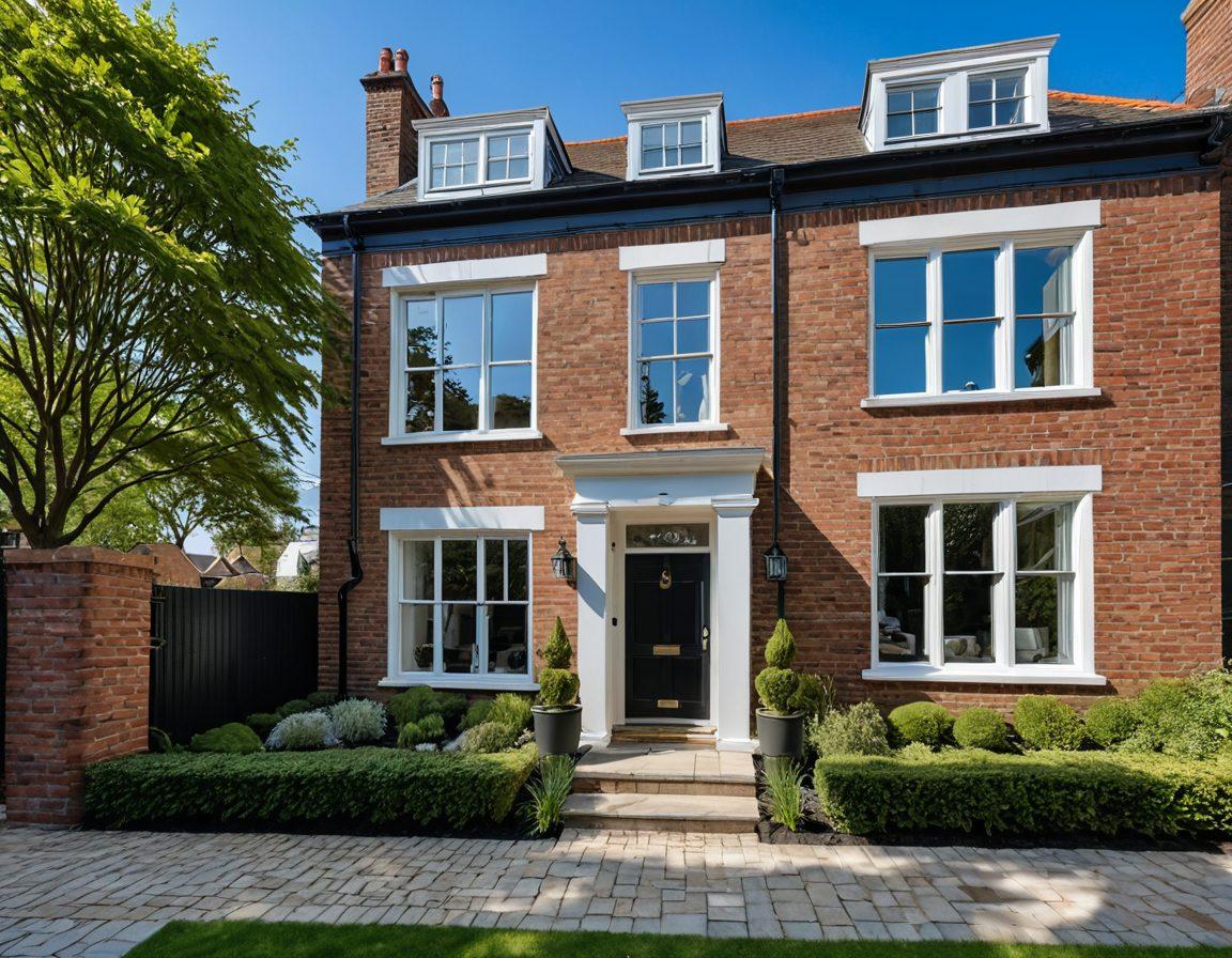 A stunning modern terrace home beautifully integrated with Georgian architectural elements, featuring symmetrical facades, large sash windows, and elegant brickwork. Surround the house with lush green landscaping and a cobblestone pathway leading to the entrance. Include a clear blue sky to evoke a sense of timelessness and harmony. super-realistic. vibrant colors.